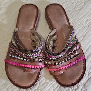 Chinese Laundry Brown Slide Sandals with Pink and Multicolor Embellishments